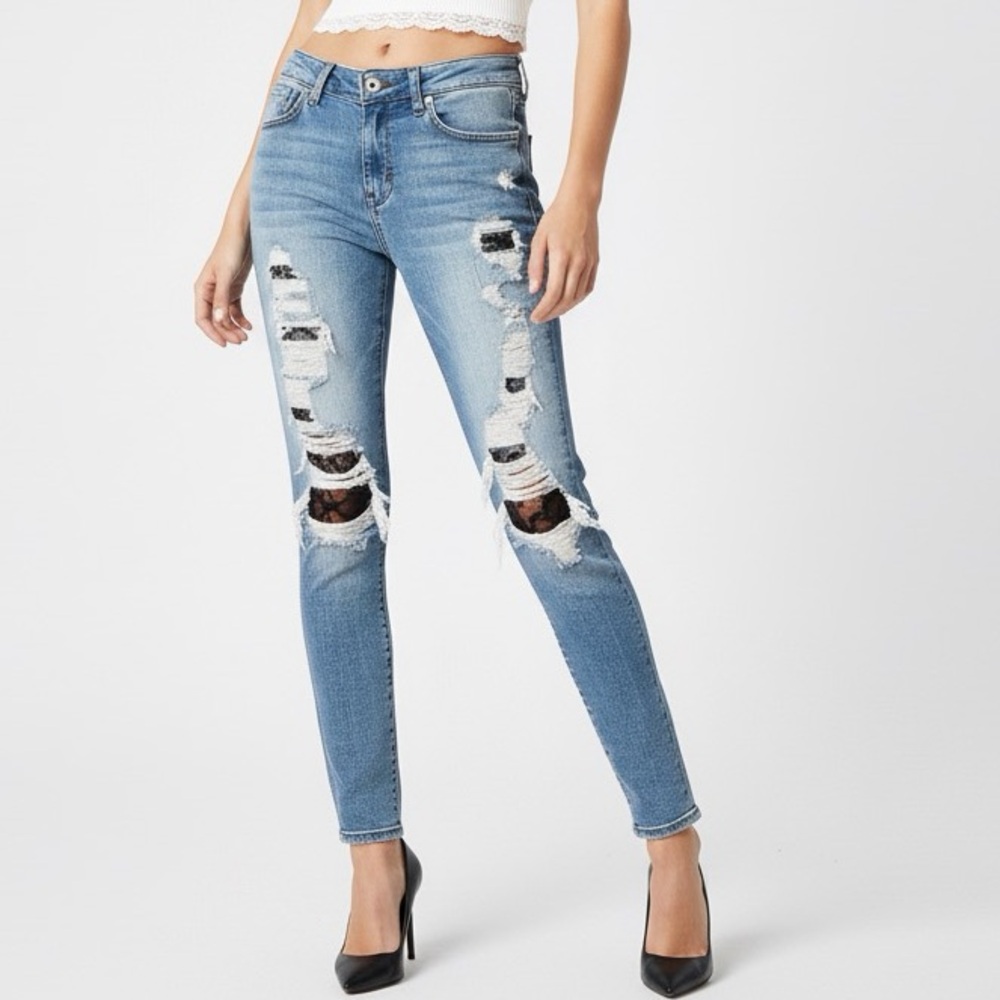 Y2K Bebe Distressed Cut Out Carmen Tattered Lace Lining Skinny Jeans Blue Black